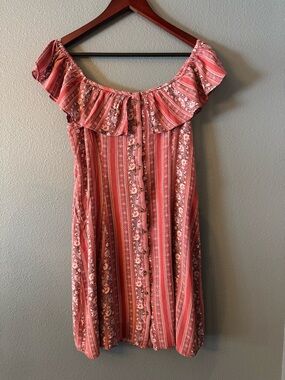 American Eagle Outfitters Coral Pink Striped Floral Off-Shoulder Mini Dress